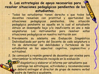 6. Las estrategias de apoyo necesarias para
resolver situaciones pedagógicas pendientes de los
                   estudiantes.
  • Todos los estudiantes tienen derecho a que todos los
     docentes resuelvan con prontitud y oportunidad las
     situaciones    pedagógicas     pendientes.    Una   situación
     pedagógica pendiente es aquella en la cual el estudiante
     obtuvo un desempeño bajo y/o insuficiente en una o más
     asignaturas. Los instrumentos para resolver estas
     situaciones pedagógicas en nuestra institución son:
  1. Previamente su adelanta una Evaluación Diagnóstica
     Individualizada por parte del Docente de cada asignatura a
     fin de determinar las debilidades y fortalezas de los
     estudiantes en los aspectos: cognitivo, cognoscitivo y
     actitudinal.
  2. Se convocará a reunión general de docentes por niveles para
     intercambiar la información recogida en la evaluación
            diagnóstica y elaborar el informe por estudiante que
         contenga las estrategias, actividades y recomendaciones
     que deberá entregar el director de grupo de manera verbal
     al padre de familia o acudiente.
 