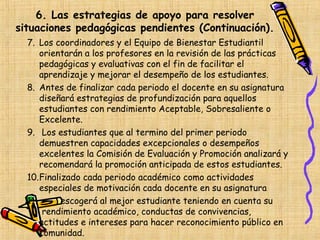 6. Las estrategias de apoyo para resolver
situaciones pedagógicas pendientes (Continuación).
  7. Los coordinadores y el Equipo de Bienestar Estudiantil
      orientarán a los profesores en la revisión de las prácticas
      pedagógicas y evaluativas con el fin de facilitar el
      aprendizaje y mejorar el desempeño de los estudiantes.
  8. Antes de finalizar cada periodo el docente en su asignatura
      diseñará estrategias de profundización para aquellos
      estudiantes con rendimiento Aceptable, Sobresaliente o
      Excelente.
  9. Los estudiantes que al termino del primer periodo
      demuestren capacidades excepcionales o desempeños
      excelentes la Comisión de Evaluación y Promoción analizará y
      recomendará la promoción anticipada de estos estudiantes.
  10.Finalizado cada periodo académico como actividades
      especiales de motivación cada docente en su asignatura
  11.      escogerá al mejor estudiante teniendo en cuenta su
       rendimiento académico, conductas de convivencias,
      actitudes e intereses para hacer reconocimiento público en
      comunidad.
 