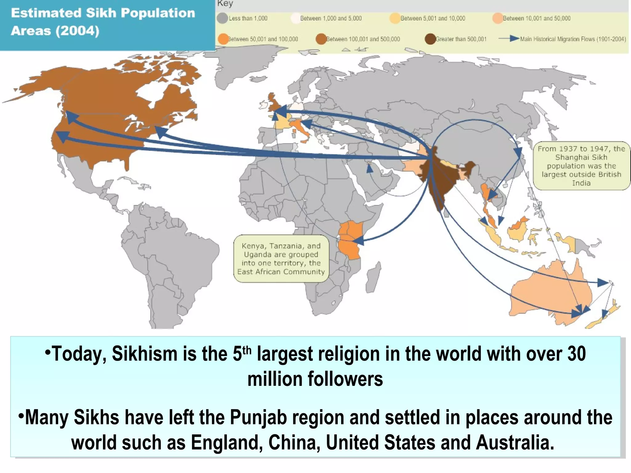 •Today, Sikhism is the 5th
largest religion in the world with over 30
million followers
•Many Sikhs have left the Punjab region and settled in places around the
world such as England, China, United States and Australia.
•Today, Sikhism is the 5th
largest religion in the world with over 30
million followers
•Many Sikhs have left the Punjab region and settled in places around the
world such as England, China, United States and Australia.
 