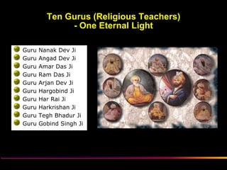 Ten Gurus (Religious Teachers)
              - One Eternal Light

Guru   Nanak Dev Ji
Guru   Angad Dev Ji
Guru   Amar Das Ji
Guru   Ram Das Ji
Guru   Arjan Dev Ji
Guru   Hargobind Ji
Guru   Har Rai Ji
Guru   Harkrishan Ji
Guru   Tegh Bhadur Ji
Guru   Gobind Singh Ji




               Sikh Society in Netherlands   www.sikhs.nl
 