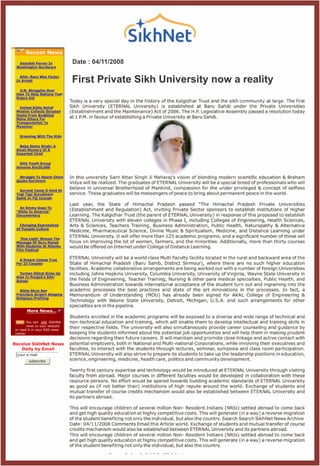 Date : 04/11/2008
First Private Sikh University now a reality
 