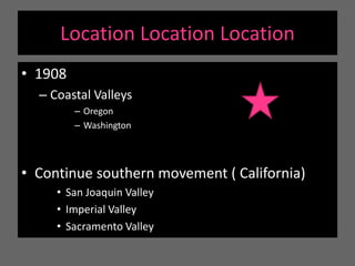 LocationLocationLocation1908 Coastal Valleys Oregon WashingtonContinue southern movement ( California)San Joaquin ValleyImperial ValleySacramento Valley