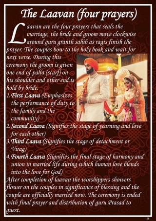 28
The Laavan (four prayers)
Laavan are the four prayers that seals the
marriage, the bride and groom move clockwise
around guru granth sahib as ragis finish the
prayer. The couples bow to the holy book and wait for
next verse. During this
ceremony the groom is given
one end of palla (scarf) on
his shoulder and other end is
hold by bride.
1.First Laava (Emphasizes
the performance of duty to
the family and the
community)
2.Second Laava (Signifies the stage of yearning and love
for each other)
3.Third Laava (Signifies the stage of detachment or
Virag)
4.Fourth Laava (Signifies the final stage of harmony and
union in married life during which human love blends
into the love for God)
After completion of laavan the worshippers showers
flower on the couples in significance of blessing and the
couple are officially married now. The ceremony is ended
with final prayer and distribution of guru Prasad to
guest.
 