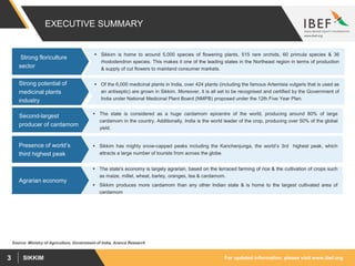 For updated information, please visit www.ibef.orgSIKKIM3
 Of the 6,000 medicinal plants in India, over 424 plants (including the famous Artemisia vulgaris that is used as
an antiseptic) are grown in Sikkim. Moreover, it is all set to be recognised and certified by the Government of
India under National Medicinal Plant Board (NMPB) proposed under the 12th Five Year Plan.
EXECUTIVE SUMMARY
 Sikkim is home to around 5,000 species of flowering plants, 515 rare orchids, 60 primula species & 36
rhododendron species. This makes it one of the leading states in the Northeast region in terms of production
& supply of cut flowers to mainland consumer markets.
Strong floriculture
sector
Source: Ministry of Agriculture, Government of India, Aranca Research
Strong potential of
medicinal plants
industry
 Sikkim has mighty snow-capped peaks including the Kanchenjunga, the world’s 3rd highest peak, which
attracts a large number of tourists from across the globe.
Presence of world’s
third highest peak
 The state is considered as a huge cardamom epicentre of the world, producing around 80% of large
cardamom in the country. Additionally, India is the world leader of the crop, producing over 50% of the global
yield.
Second-largest
producer of cardamom
 The state's economy is largely agrarian, based on the terraced farming of rice & the cultivation of crops such
as maize, millet, wheat, barley, oranges, tea & cardamom.
 Sikkim produces more cardamom than any other Indian state & is home to the largest cultivated area of
cardamom
Agrarian economy
 
