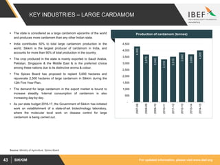 For updated information, please visit www.ibef.orgSIKKIM43
KEY INDUSTRIES – LARGE CARDAMOM
 The state is considered as a large cardamom epicentre of the world
and produces more cardamom than any other Indian state.
 India contributes 50% to total large cardamom production in the
world. Sikkim is the largest producer of cardamom in India, and
accounts for more than 90% of total production in the country.
 The crop produced in the state is mainly exported to Saudi Arabia,
Pakistan, Singapore & the Middle East & is the preferred choice
among these nations due to its distinctive aroma & colour.
 The Spices Board has proposed to replant 5,000 hectares and
rejuvenate 2,500 hectares of large cardamom in Sikkim during the
12th Five Year Plan.
 The demand for large cardamom in the export market is bound to
increase steadily. Internal consumption of cardamom is also
increasing day-by-day.
 As per state budget 2016-17, the Government of Sikkim has initiated
work on establishment of a state-of-art biotechnology laboratory,
where the molecular level work on disease control for large
cardamom is being carried out.
4,305
3,675
3,540
3,310
3,510
3,840
3,690
4,000
-
500
1,000
1,500
2,000
2,500
3,000
3,500
4,000
4,500
2007-08
2008-09
2009-10
2010-11
2011-12
2012-13
2013-14
2014-15
Production of cardamom (tonnes)
Source: Ministry of Agriculture, Spices Board
 