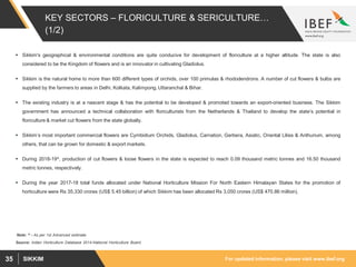 For updated information, please visit www.ibef.orgSIKKIM35
KEY SECTORS – FLORICULTURE & SERICULTURE…
(1/2)
 Sikkim's geog...