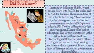Did You Know?
Literacy in Sikkim is 69.68%, which
breaks down into 76.73% for males and
61.46% for females. There are a total of
1157 schools, including 765 schools run
by the State government, 7 central
government schools and 385 private
schools.[93] Twelve colleges and other
institutions in Sikkim offer higher
education. The largest institution is the
Sikkim Manipal University of
Technological Sciences, which offers
higher education in engineering,
medicine and management. It also runs a
host of distance education programs in
diverse fields..
 