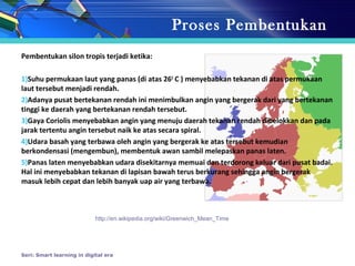 Proses Pembentukan
Pembentukan silon tropis terjadi ketika:
1)Suhu permukaan laut yang panas (di atas 260
C ) menyebabkan tekanan di atas permukaan
laut tersebut menjadi rendah.
2)Adanya pusat bertekanan rendah ini menimbulkan angin yang bergerak dari yang bertekanan
tinggi ke daerah yang bertekanan rendah tersebut.
3)Gaya Coriolis menyebabkan angin yang menuju daerah tekanan rendah dibelokkan dan pada
jarak tertentu angin tersebut naik ke atas secara spiral.
4)Udara basah yang terbawa oleh angin yang bergerak ke atas tersebut kemudian
berkondensasi (mengembun), membentuk awan sambil melepaskan panas laten.
5)Panas laten menyebabkan udara disekitarnya memuai dan terdorong keluar dari pusat badai.
Hal ini menyebabkan tekanan di lapisan bawah terus berkurang sehingga angin bergerak
masuk lebih cepat dan lebih banyak uap air yang terbawa.
Seri: Smart learning in digital era
http://en.wikipedia.org/wiki/Greenwich_Mean_Time
 