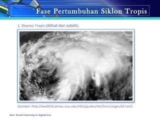 Fase Pertumbuhan Siklon Tropis
1. Depresi Tropis (dilihat dari satelit).
(Sumber: http://ww2010.atmos.uiuc.edu/(Gh)/guides/mtr/hurr/stages/td.rxml)
Seri: Smart learning in digital era
 