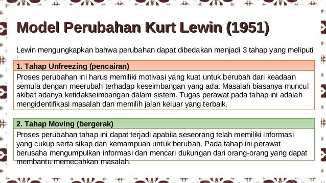teori perubahan kurt lewin Kurt lewin mengembangkan tiga tahap model perubahan yang meliputi bagaimana mengambil inisiatif perubahan, mengelola dan menyetabilkan proses perubahan itu. teori perubahan kurt lewin Kurt lewin mengembangkan tiga tahap model perubahan yang meliputi bagaimana mengambil inisiatif perubahan, mengelola dan menyetabilkan proses perubahan itu.