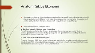 Anatomi Siklus Ekonomi
 Siklus ekonomi dapat digambarkan sebagai gelombang naik-turun aktivitas, yang terdiri
atas empat elemen. Indikator yang biasa digunakan untuk menganalisa siklus ekonomi
adalah pertumbuhan ekonomi atau jumlah output riil dan tingkat harga.
 Anatomi terdiri atas 4 elemen yaitu:
a. Gerakan menaik (Upturn atau Expansion)
Pemulihan ekonomi ditandai dengan gerakan perekonomian yang menaik. Kadang –
kadang gerakan menaik ini disebut juga ekspansi bila gerakan menaik ini terjadi selama
minimal dua triwulan berturut – turut.
b. Titik puncak atau kulminasi (Peak)
Ekspansi ekonomi tidak akan terjadi selamanya, suatu ketika gerakan menaik ini mencapai
titik tertinggi. Titik ini disebut titik puncak atau kulminasi. Setelah mencapai titik kulminasi,
perekonomian akan mengalami penurunan kembali.
 