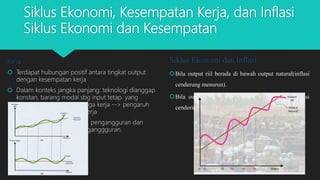 Siklus Ekonomi, Kesempatan Kerja, dan Inflasi
Siklus Ekonomi dan Kesempatan
Kerja
 Terdapat hubungan positif antara tingkat output
dengan kesempatan kerja
 Dalam konteks jangka panjang: teknologi dianggap
konstan, barang modal sbg input tetap. yang
dianggap variabel adl tenaga kerja --> pengaruh
siklus terasa bagi tenaga kerja
 Resesi akan meningkatkan pengangguran dan
ekspansi menurunkan penganggguran.
Siklus Ekonomi dan Inflasi
Bila output riil berada di bawah output natural(inflasi
cenderung menurun).
Bila output riil berada di atas output natural inflasi
cendering meningkat.
 
