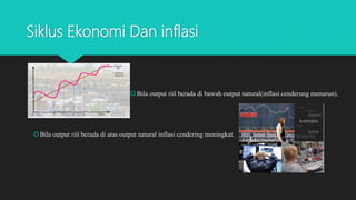 Siklus Ekonomi Dan inflasi
Bila output riil berada di bawah output natural(inflasi cenderung menurun).
Bila output riil berada di atas output natural inflasi cendering meningkat.
 