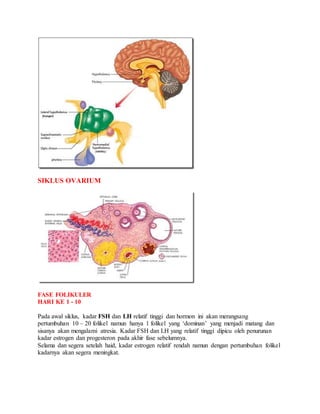 SIKLUS OVARIUM
FASE FOLIKULER
HARI KE 1 - 10
Pada awal siklus, kadar FSH dan LH relatif tinggi dan hormon ini akan merangsang
pertumbuhan 10 – 20 folikel namun hanya 1 folikel yang ‘dominan’ yang menjadi matang dan
sisanya akan mengalami atresia. Kadar FSH dan LH yang relatif tinggi dipicu oleh penurunan
kadar estrogen dan progesteron pada akhir fase sebelumnya.
Selama dan segera setelah haid, kadar estrogen relatif rendah namun dengan pertumbuhan folikel
kadarnya akan segera meningkat.
 