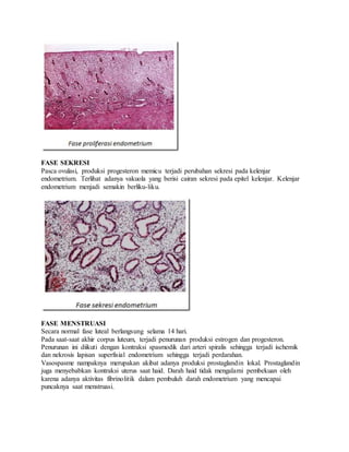 FASE SEKRESI
Pasca ovulasi, produksi progesteron memicu terjadi perubahan sekresi pada kelenjar
endometrium. Terlihat adanya vakuola yang berisi cairan sekresi pada epitel kelenjar. Kelenjar
endometrium menjadi semakin berliku-liku.
FASE MENSTRUASI
Secara normal fase luteal berlangsung selama 14 hari.
Pada saat-saat akhir corpus luteum, terjadi penurunan produksi estrogen dan progesteron.
Penurunan ini diikuti dengan kontraksi spasmodik dari arteri spiralis sehingga terjadi ischemik
dan nekrosis lapisan superfisial endometrium sehingga terjadi perdarahan.
Vasospasme nampaknya merupakan akibat adanya produksi prostaglandin lokal. Prostaglandin
juga menyebabkan kontraksi uterus saat haid. Darah haid tidak mengalami pembekuan oleh
karena adanya aktivitas fibrinolitik dalam pembuluh darah endometrium yang mencapai
puncaknya saat menstruasi.
 