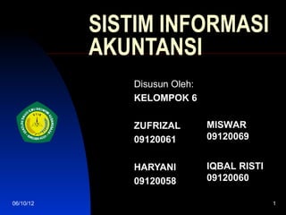 SISTIM INFORMASI
           AKUNTANSI
               Disusun Oleh:
               KELOMPOK 6

               ZUFRIZAL        MISWAR
               09120061        09120069


               HARYANI         IQBAL RISTI
               09120058        09120060

06/10/12                                     1
 