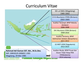 Curriculum Vitae
D III Akuntansi STAN (Bintaro)
2002-2005
SD s.d SMU (Magelang)
1985-2002
Rohmad Adi Siaman SST. Akt., M.Ec.Dev.
NIP. 19850529 200602 1 003
Magelang, 29 Mei 1985
Auditor Terampil, BPKP Maluku
2006-2008
Auditor Terampil, BPKP Maluku
(Ambon)
2006-2008
DIV Akuntansi STAN (Bintaro)
2009-2010
Auditor Pertama, BPKP
2011-2012
Auditor Pertama, BPKP
Kalimantan Selatan (Banjarbaru)
2011-2012
S2 MEP UGM (Yogyakarta)
2012-2014
Auditor Muda, BPKP Pusat dan
2014-sekarang
Auditor Muda, BPKP Pusat dan
Dosen Tidak Tetap PKN
STAN(Jakarta)
2014-sekarang
 