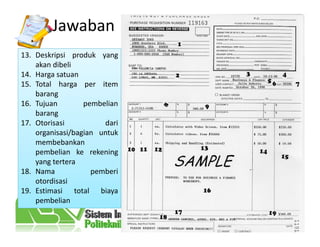 Jawaban
13. Deskripsi produk yang
akan dibeli
14. Harga satuan
15. Total harga per item
barang
16. Tujuan pembelian
barang
17. Otorisasi dari
organisasi/bagian untuk
membebankan
pembelian ke rekening
yang tertera
18. Nama pemberi
otordisasi
19. Estimasi total biaya
pembelian
 