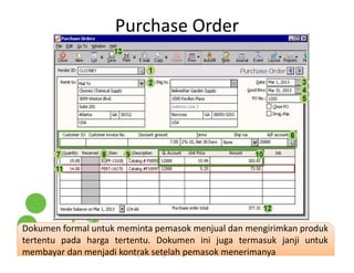 Purchase Order
Dokumen formal untuk meminta pemasok menjual dan mengirimkan produk
membayar dan menjadi kontrak setelah pemasok menerimanya
Dokumen formal untuk meminta pemasok menjual dan mengirimkan produk
tertentu pada harga tertentu. Dokumen ini juga termasuk janji untuk
membayar dan menjadi kontrak setelah pemasok menerimanya
 