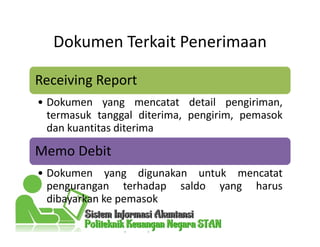 Dokumen Terkait Penerimaan
Receiving Report
• Dokumen yang mencatat detail pengiriman,
termasuk tanggal diterima, pengirim, pemasok
dan kuantitas diterima
Memo Debit
• Dokumen yang digunakan untuk mencatat
pengurangan terhadap saldo yang harus
dibayarkan ke pemasok
 