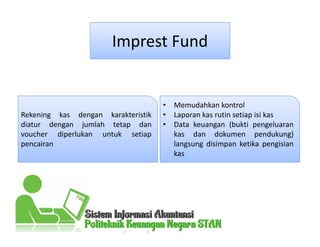 Imprest Fund
Rekening kas dengan karakteristik
diatur dengan jumlah tetap dan
voucher diperlukan untuk setiap
pencairan
• Memudahkan kontrol
• Laporan kas rutin setiap isi kas
• Data keuangan (bukti pengeluaran
kas dan dokumen pendukung)
langsung disimpan ketika pengisian
kas
 