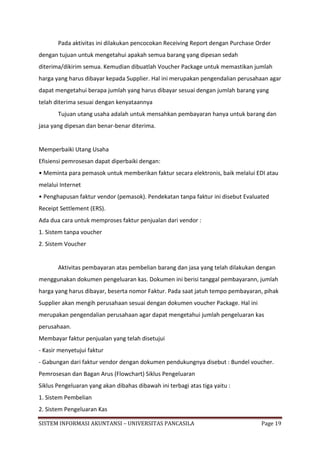 Pada aktivitas ini dilakukan pencocokan Receiving Report dengan Purchase Order
dengan tujuan untuk mengetahui apakah semua barang yang dipesan sedah
diterima/dikirim semua. Kemudian dibuatlah Voucher Package untuk memastikan jumlah
harga yang harus dibayar kepada Supplier. Hal ini merupakan pengendalian perusahaan agar
dapat mengetahui berapa jumlah yang harus dibayar sesuai dengan jumlah barang yang
telah diterima sesuai dengan kenyataannya
       Tujuan utang usaha adalah untuk mensahkan pembayaran hanya untuk barang dan
jasa yang dipesan dan benar-benar diterima.


Memperbaiki Utang Usaha
Efisiensi pemrosesan dapat diperbaiki dengan:
• Meminta para pemasok untuk memberikan faktur secara elektronis, baik melalui EDI atau
melalui Internet
• Penghapusan faktur vendor (pemasok). Pendekatan tanpa faktur ini disebut Evaluated
Receipt Settlement (ERS).
Ada dua cara untuk memproses faktur penjualan dari vendor :
1. Sistem tanpa voucher
2. Sistem Voucher


       Aktivitas pembayaran atas pembelian barang dan jasa yang telah dilakukan dengan
menggunakan dokumen pengeluaran kas. Dokumen ini berisi tanggal pembayarann, jumlah
harga yang harus dibayar, beserta nomor Faktur. Pada saat jatuh tempo pembayaran, pihak
Supplier akan mengih perusahaan sesuai dengan dokumen voucher Package. Hal ini
merupakan pengendalian perusahaan agar dapat mengetahui jumlah pengeluaran kas
perusahaan.
Membayar faktur penjualan yang telah disetujui
- Kasir menyetujui faktur
- Gabungan dari faktur vendor dengan dokumen pendukungnya disebut : Bundel voucher.
Pemrosesan dan Bagan Arus (Flowchart) Siklus Pengeluaran
Siklus Pengeluaran yang akan dibahas dibawah ini terbagi atas tiga yaitu :
1. Sistem Pembelian
2. Sistem Pengeluaran Kas

SISTEM INFORMASI AKUNTANSI – UNIVERSITAS PANCASILA                               Page 19
 