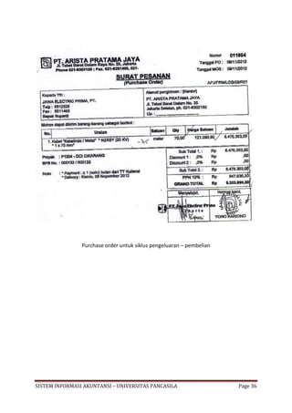Purchase order untuk siklus pengeluaran – pembelian




SISTEM INFORMASI AKUNTANSI – UNIVERSITAS PANCASILA                    Page 36
 