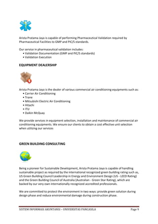 Arista Pratama Jaya is capable of performing Pharmaceutical Validation required by
Pharmaceutical Facilities to GMP and PIC/S standards.

Our service in pharmaceutical validation includes:
  • Validation Documentation (GMP and PIC/S standards)
  • Validation Execution

EQUIPMENT DEALERSHIP




Arista Pratama Jaya is the dealer of various commercial air conditioning equipments such as:
   • Carrier Air Conditioning
   • Trane
   • Mitsubishi Electric Air Conditioning
   • Hitachi
   • ITU
   • Daikin McQuay

We provide services in equipment selection, installation and maintenance of commercial air
conditioning equipments. We ensure our clients to obtain a cost effective unit selection
when utilizing our services



GREEN BUILDING CONSULTING




Being a pioneer for Sustainable Development, Arista Pratama Jaya is capable of handling
sustainable project as required by the international recognized green building rating such as,
US Green Building Council Leadership in Energy and Environment Design (US - LEED Rating)
and the Green Building Council of Australia (Australian - Green Star Rating), which are
backed by our very own internationally recognized accredited professionals.

We are committed to protect the environment in two ways: provide green solution during
design phase and reduce environmental damage during construction phase.



SISTEM INFORMASI AKUNTANSI – UNIVERSITAS PANCASILA                                     Page 9
 
