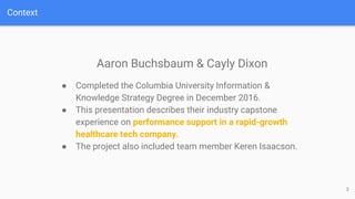 Context
3
Aaron Buchsbaum & Cayly Dixon
● Completed the Columbia University Information &
Knowledge Strategy Degree in December 2016.
● This presentation describes their industry capstone
experience on performance support in a rapid-growth
healthcare tech company.
● The project also included team member Keren Isaacson.
 