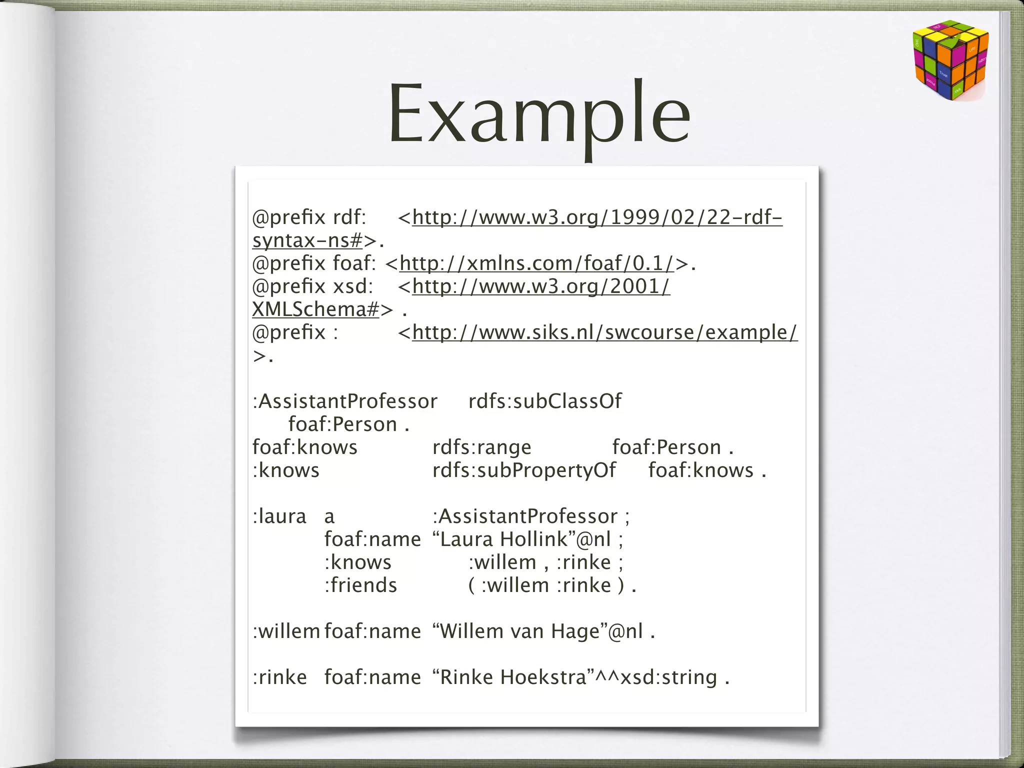 Example
@preﬁx rdf: 
 <http://www.w3.org/1999/02/22-rdf-
syntax-ns#>.
@preﬁx foaf: <http://xmlns.com/foaf/0.1/>.
@preﬁx xsd:
 <http://www.w3.org/2001/
XMLSchema#> .
@preﬁx :
 
 <http://www.siks.nl/swcourse/example/
>.

:AssistantProfessor
 rdfs:subClassOf

 foaf:Person .
foaf:knows

 
 rdfs:range

 
 foaf:Person .
:knows

 
 
 rdfs:subPropertyOf
 foaf:knows .

:laura
   a
 
 
        :AssistantProfessor ;

 
       foaf:name    
“Laura Hollink”@nl ;

 
       :knows 
      
 :willem , :rinke ;

 
       :friends 
    
 ( :willem :rinke ) .

:willem
foaf:name 
“Willem van Hage”@nl .

:rinke
 foaf:name 
“Rinke Hoekstra”^^xsd:string .
 