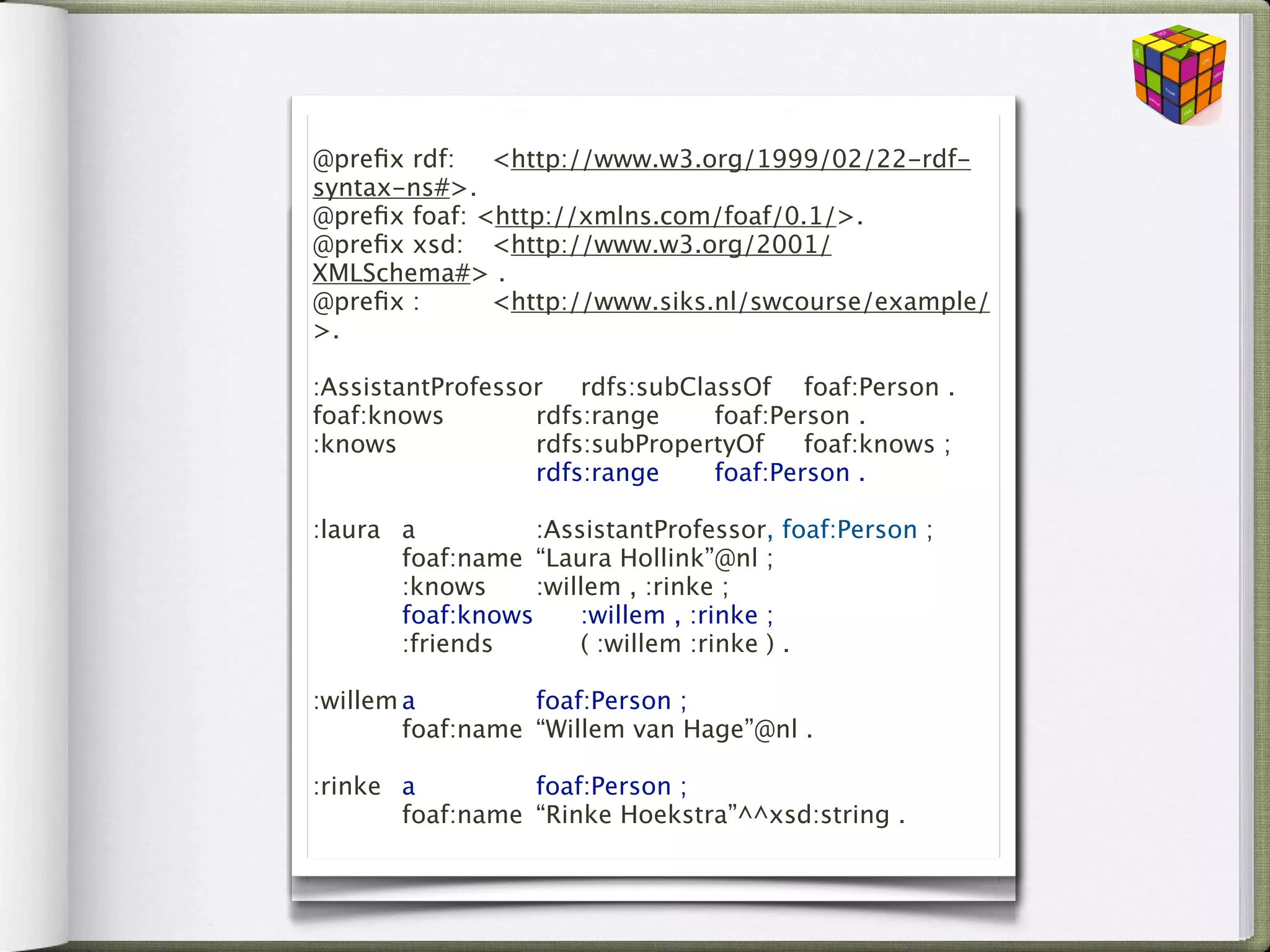 syntax-ns#>.
             Example
@preﬁx rdf: 
 <http://www.w3.org/1999/02/22-rdf-

@preﬁx foaf: <http://xmlns.com/foaf/0.1/>.
@preﬁx xsd:
 <http://www.w3.org/2001/
@preﬁx rdf: 
 <http://www.w3.org/1999/02/22-rdf-
XMLSchema#> .
syntax-ns#>. <http://www.siks.nl/swcourse/example/
@preﬁx :
 
@preﬁx foaf: <http://xmlns.com/foaf/0.1/>.
>.
@preﬁx xsd:
 <http://www.w3.org/2001/
XMLSchema#> .
:AssistantProfessor
 rdfs:subClassOf
 foaf:Person .
@preﬁx :
 
 <http://www.siks.nl/swcourse/example/
foaf:knows
    
 rdfs:range

 foaf:Person .
>.
:knows

 
 
 rdfs:subPropertyOf
 foaf:knows ;

 
 
 
 
 rdfs:range

 foaf:Person .
:AssistantProfessor
 rdfs:subClassOf

 foaf:Person
 . :AssistantProfessor, foaf:Person ;
:laura
 a
 
foaf:knows

 
 foaf:name 
“Laura Hollink”@nl foaf:Person .
            
 
 rdfs:range

 
       ;
:knows

 
 

 rdfs:subPropertyOf
 foaf:knows .

 
 :knows
       :willem , :rinke ;

 
 foaf:knows 
 :willem , :rinke ;
:laura
 a
 
 
 
 :AssistantProfessor);.

 
 :friends      
 ( :willem :rinke

 
 foaf:name 
“Laura Hollink”@nl ;

 
 :knows 
 
 :willem ,; :rinke ;
:willem
a
 
      foaf:Person

 
 :friends 
 
“Willem van Hage”@nl .
        foaf:name 
 ( :willem :rinke ) .

:willem
foaf:name
:rinke
 a
 
 
      
“Willem van ;Hage”@nl .
                     foaf:Person

 
 foaf:name       
“Rinke Hoekstra”^^xsd:string .
:rinke
 foaf:name   
“Rinke Hoekstra”^^xsd:string .
 