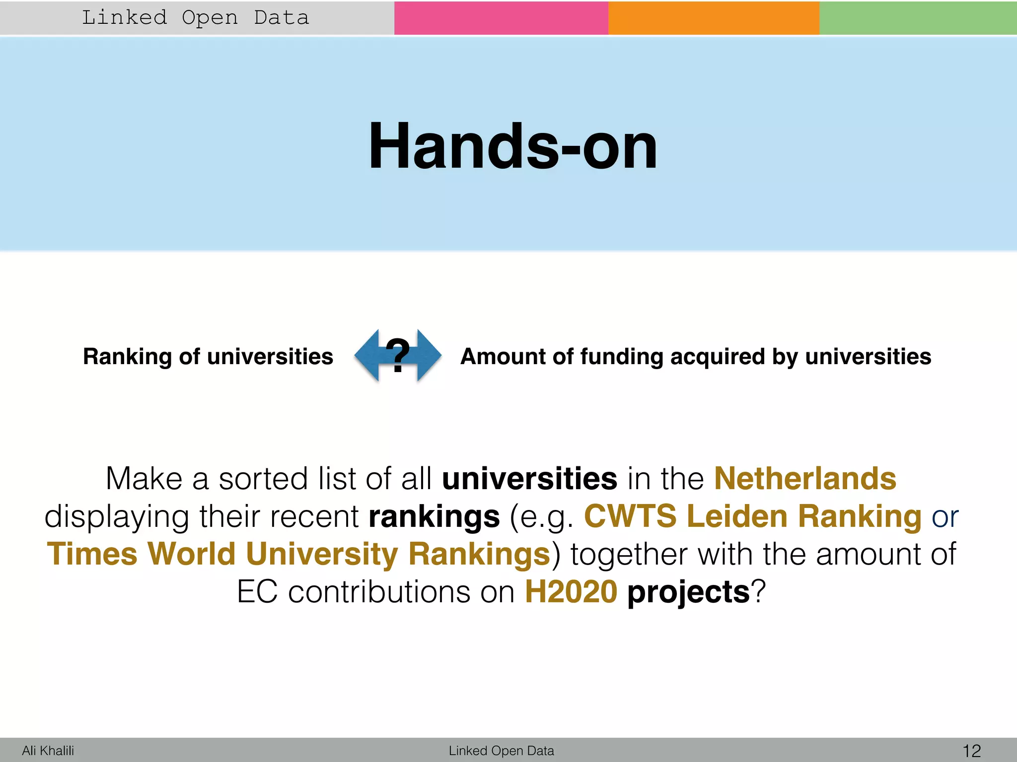 Linked Open Data 12Ali Khalili
Linked Open Data
Ranking of universities Amount of funding acquired by universities?
Hands-on
Make a sorted list of all universities in the Netherlands
displaying their recent rankings (e.g. CWTS Leiden Ranking or
Times World University Rankings) together with the amount of
EC contributions on H2020 projects?
 