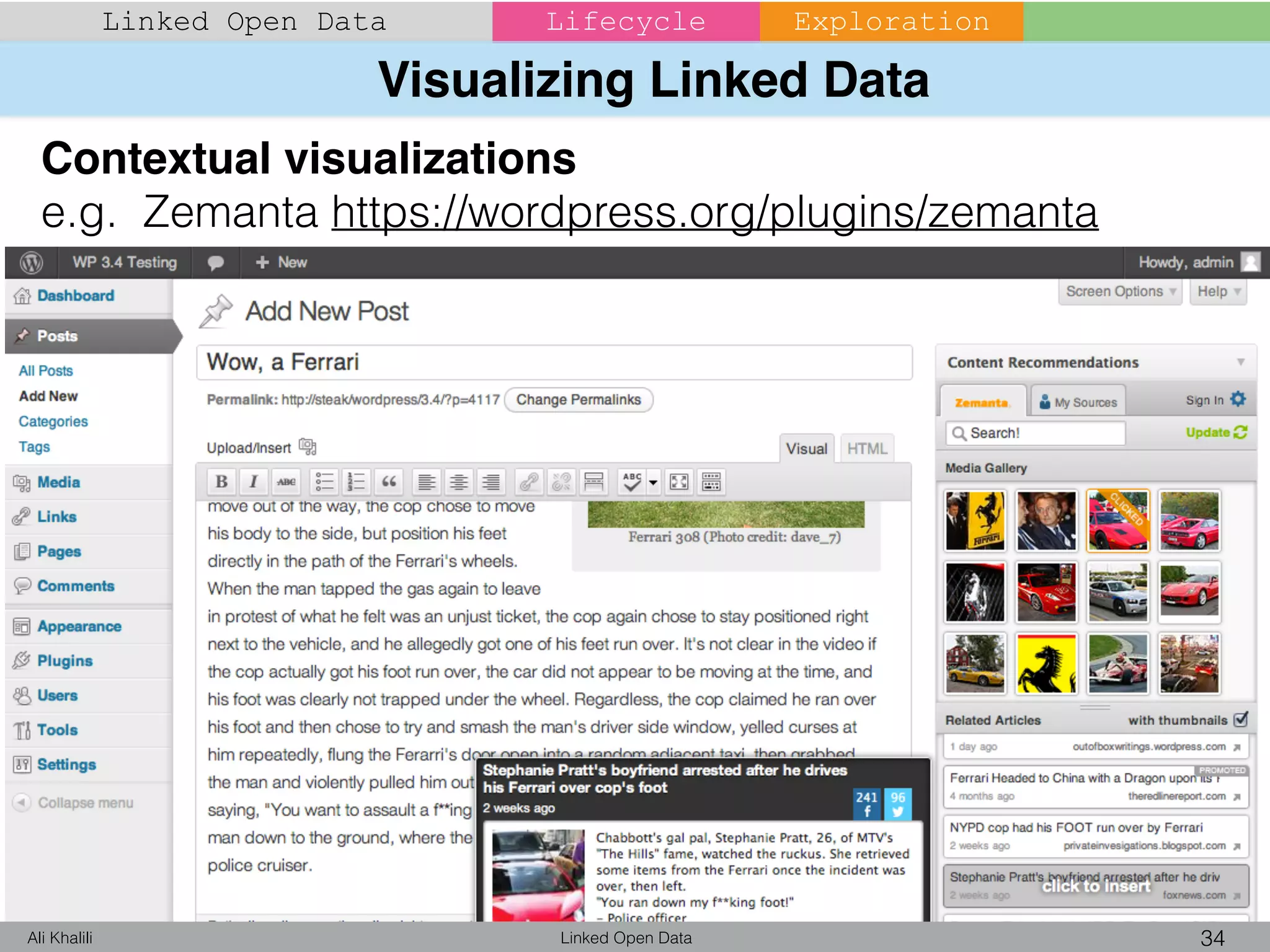Visualizing Linked Data
Linked Open Data 34Ali Khalili
Linked Open Data Lifecycle Exploration
Contextual visualizations
e.g. Zemanta https://wordpress.org/plugins/zemanta
 