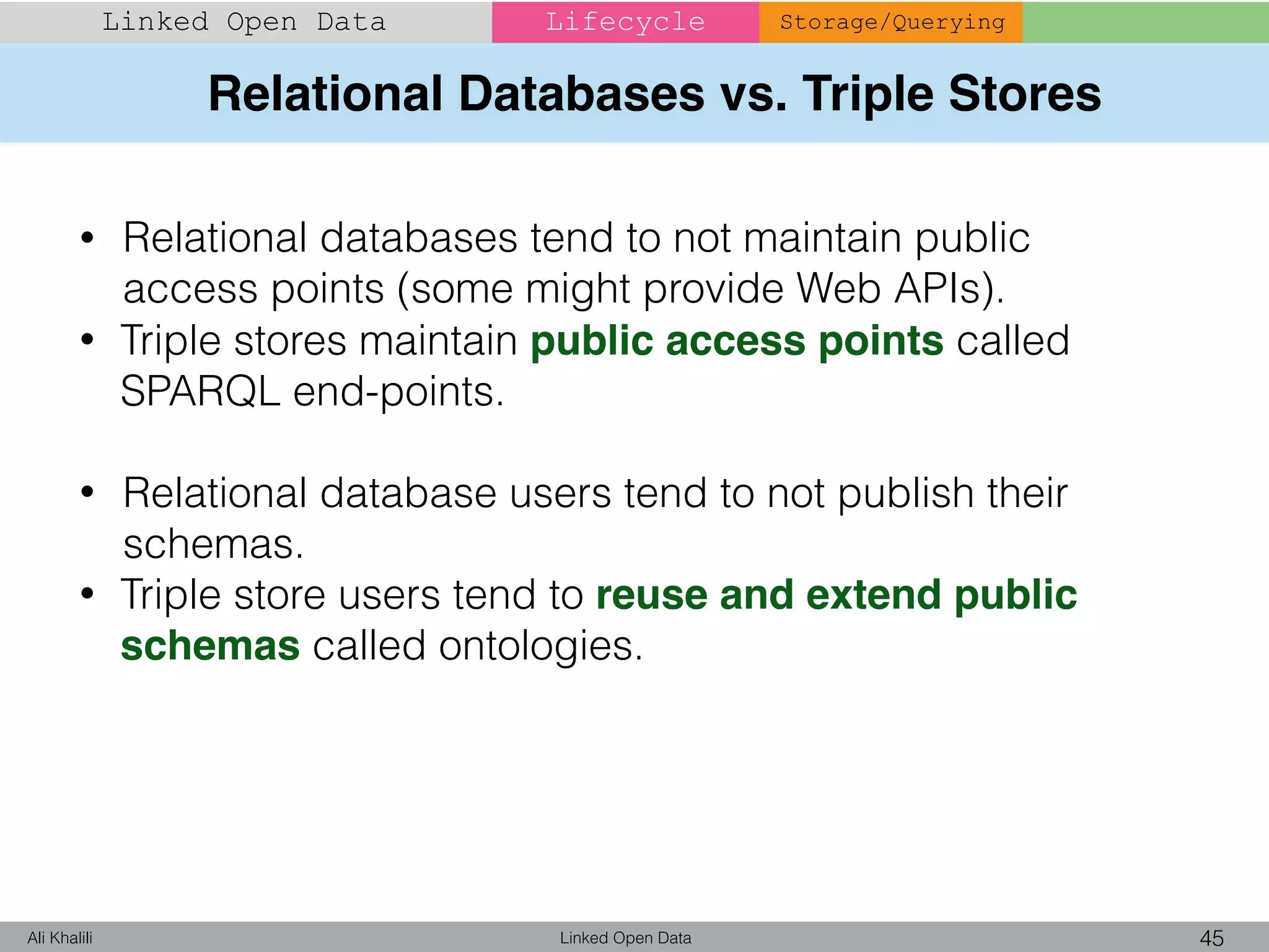 Relational Databases vs. Triple Stores
Linked Open Data 45Ali Khalili
Linked Open Data Lifecycle Storage/Querying
• Relational databases tend to not maintain public
access points (some might provide Web APIs).
• Triple stores maintain public access points called
SPARQL end-points.
• Relational database users tend to not publish their
schemas.
• Triple store users tend to reuse and extend public
schemas called ontologies.
 