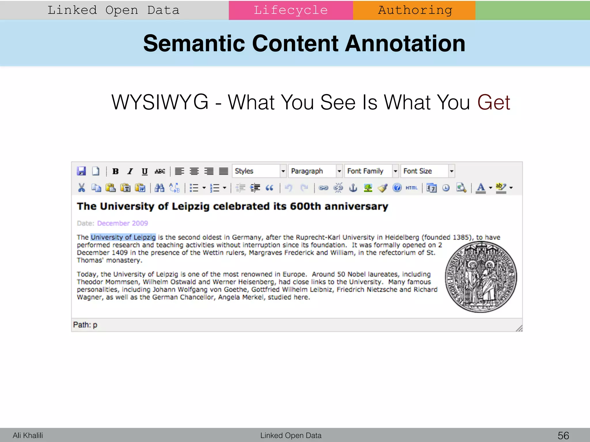 Semantic Content Annotation
Linked Open Data 56Ali Khalili
Linked Open Data Lifecycle Authoring
WYSIWY - What You See Is What You GetG
 