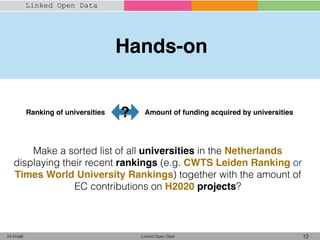Linked Open Data 12Ali Khalili
Linked Open Data
Ranking of universities Amount of funding acquired by universities?
Hands-on
Make a sorted list of all universities in the Netherlands
displaying their recent rankings (e.g. CWTS Leiden Ranking or
Times World University Rankings) together with the amount of
EC contributions on H2020 projects?
 
