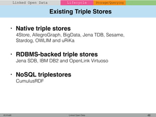 Existing Triple Stores
Linked Open Data 46Ali Khalili
Linked Open Data Lifecycle Storage/Querying
• Native triple stores
4Store, AllegroGraph, BigData, Jena TDB, Sesame,
Stardog, OWLIM and uRiKa
• RDBMS-backed triple stores
Jena SDB, IBM DB2 and OpenLink Virtuoso
• NoSQL triplestores
CumulusRDF
 