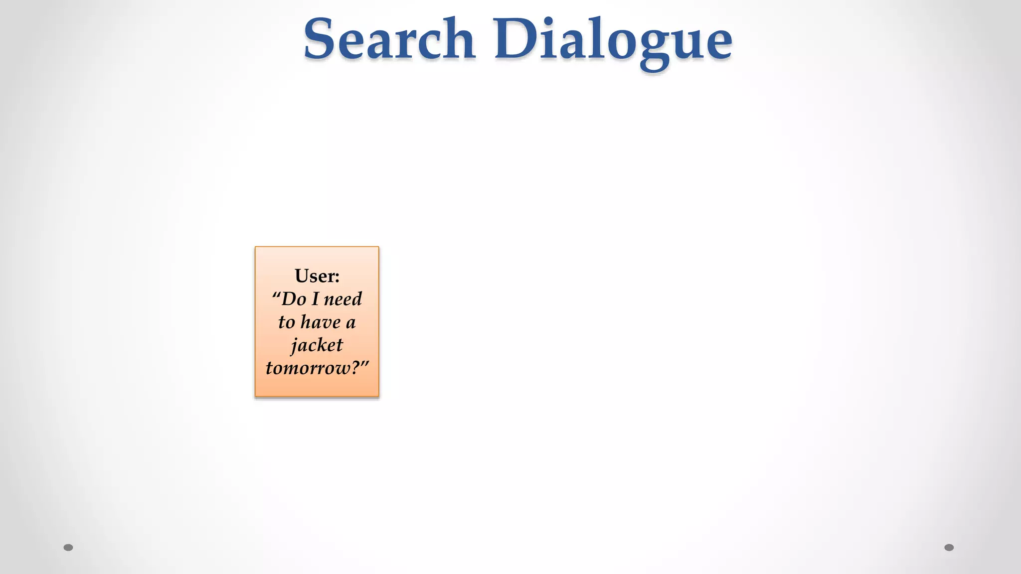 User:
“Do I need
to have a
jacket
tomorrow?”
Search Dialogue
 