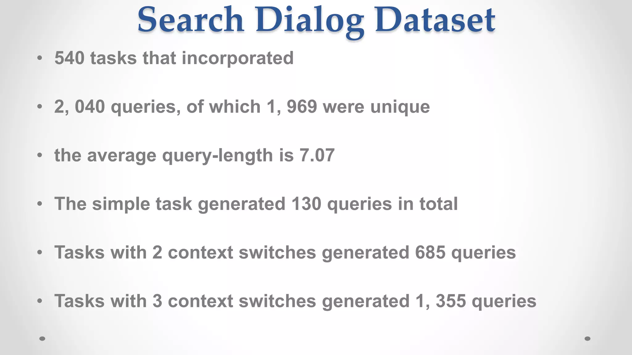 Search Dialog Dataset
• 540 tasks that incorporated
• 2, 040 queries, of which 1, 969 were unique
• the average query-length is 7.07
• The simple task generated 130 queries in total
• Tasks with 2 context switches generated 685 queries
• Tasks with 3 context switches generated 1, 355 queries
 