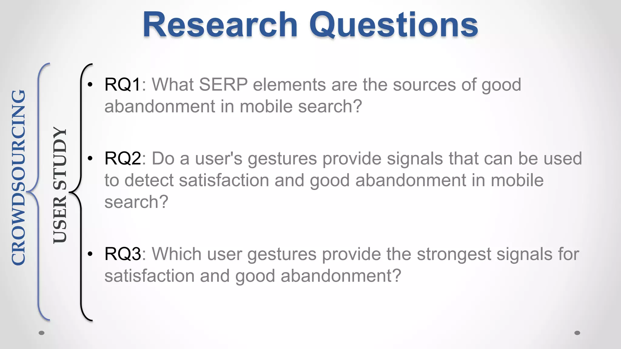 Research Questions
• RQ1: What SERP elements are the sources of good
abandonment in mobile search?
• RQ2: Do a user's gestures provide signals that can be used
to detect satisfaction and good abandonment in mobile
search?
• RQ3: Which user gestures provide the strongest signals for
satisfaction and good abandonment?
USERSTUDY
CROWDSOURCING
 