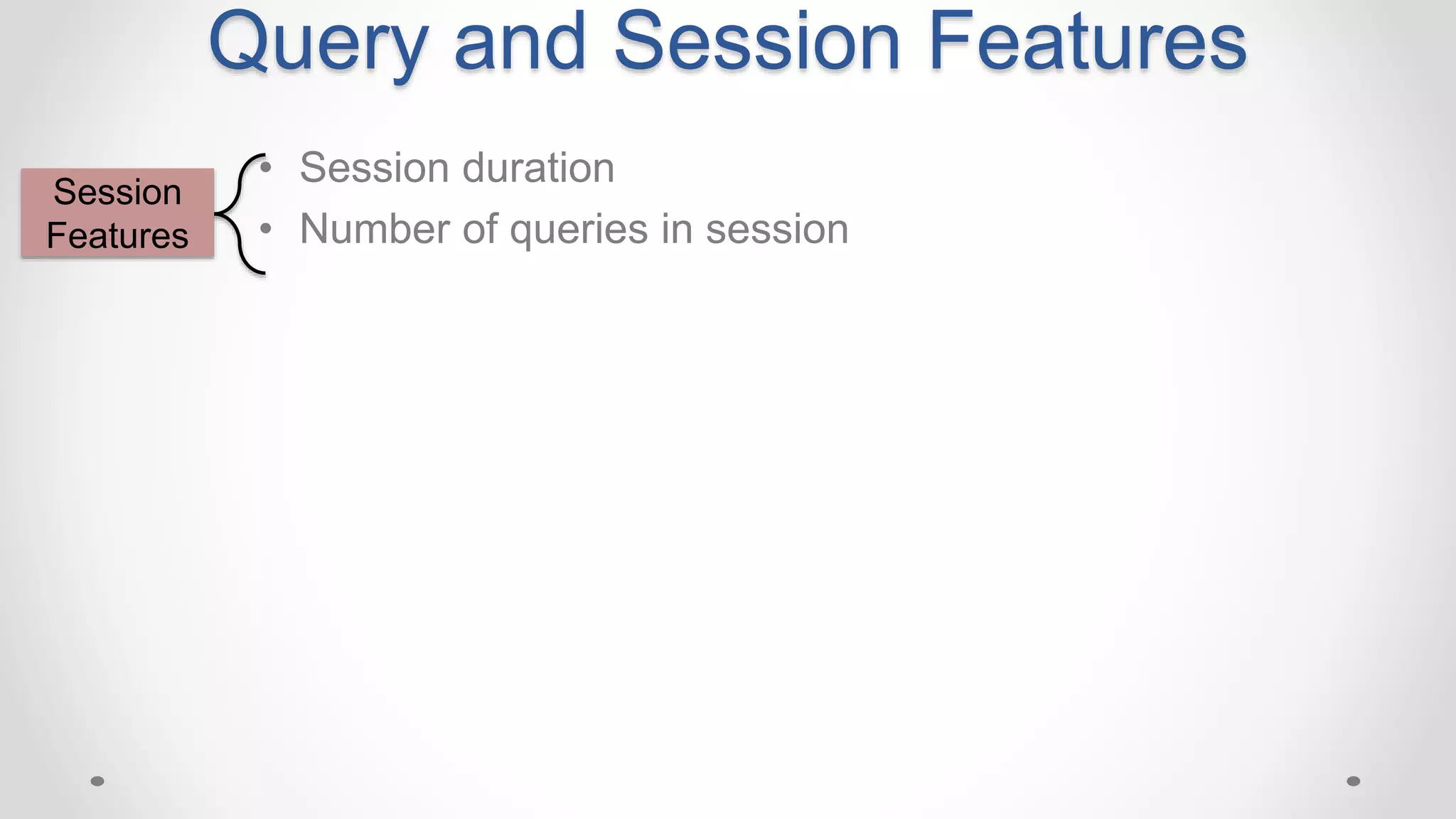 Query and Session Features
• Session duration
• Number of queries in session
Session
Features
 