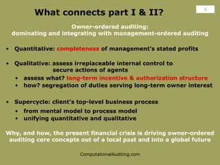 What connects part I & II? Owner-ordered auditing: dominating and integrating with management-ordered auditing <ul><li>Qua...