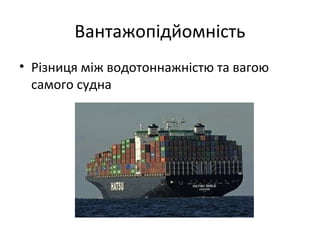 Вантажопідйомність
• Різниця між водотоннажністю та вагою
  самого судна
 