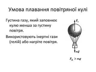 Умова плавання повітряної кулі
Густина газу, який заповнює
  кулю менша за густину
  повітря.
Використовують інертні гази
  (гелій) або нагріте повітря.
 