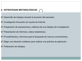 5.  ESTRATEGIAS METODOLÓGICAS
 
 
Ø  Desarrollo de trabajos durante la duración del semestre.
 
Ø  Investigación frecuente con ayuda de Internet.
 
Ø  Preparación de exposiciones y defensa de sus trabajos de investigación.
 
Ø  Presentación de informes y datos estadísticos.
 
Ø  Procedimientos y técnicas para la búsqueda de nuevos conocimientos.
 
Ø  Elegir una situación cotidiana para realizar una práctica de aplicación.
 
Ø  Publicación de trabajos.
 

 