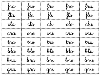 fra   fre   fri   fro   fru
fla   fle   fli   flo   flu
cla   cle   cli   clo   clu
cra   cre   cri   cro   cru
tra   tre   tri   tro   tru
bla   ble   bli   blo   blu
bra   bre   bri   bro   bru
gra   gre   gri   gro   gru
 