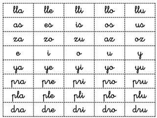 lla   lle   lli   llo   llu
 as    es    is    os    us
za    zo    zu    az    oz
  e     i    o     u     y
ya    ye    yi    yo    yu
pra   pre   pri   pro   pru
pla   ple   pli   plo   plu
dra   dre   dri   dro   dru
 