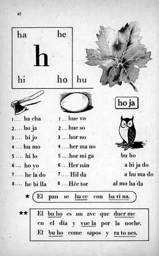 42
ha he
,hi ho
l . . . . hacha .
2.... hoja
3 . . . . hijo
4 ....hu mo
1 ... hue vo
2 ...hue so,’
3 .;. .horno
4 ....hermano.
5 .;..hormi ga
6 ...Her rián
7 ....Hil da
8 ....Héctor
bu ho
a liija do
a hu ma do
7
al mo ha‘da
1 pan se hace’- con harina. ,
** El bulio es un ave que duernie
en el día y vuela )por la noche.
El bu ho conié sapos y ratones.
.
 