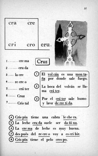 . .
cra cre
0
cri cro cru
1....... crema .
2 ....... cruda
o
4 ..... re cre o
......
o6 cruz
7 Cristal........
......
o6 cruz
7 Cristal........
51
El volcán es una monta-
fia por donde. sale fuego.-
La boca del volcán se lla-
ma cráter.
Por el cráter sale humo
y lava- de rre ti da.
c
. .
una cabra * le che ra.@ crispín tiene
@ La leche cruda-suele ser dafiiina.
@ La .crema de leche es muy' buena.
@ des pués del. re cre o voy a es cri bir.
@ ~ r i s p í ntiene el pelo crespo.
 
