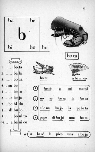 17
2
@
9 . ..... bo nito '
ba be
mi mamá
110 se besa la boca
elena bajó la pelota
@pepe dibujó una -bota
-a-be sé-
O - - - - -
,'
- -
- -
b *
*lo.....a
,, bi bo
banico
1
t
bu
IbotaJ
2l . . . . . ~.......

bo te3 . . . .... boca 7
a ba ni co
€2.**( a José le picó una a beja
% ' . , '
 
